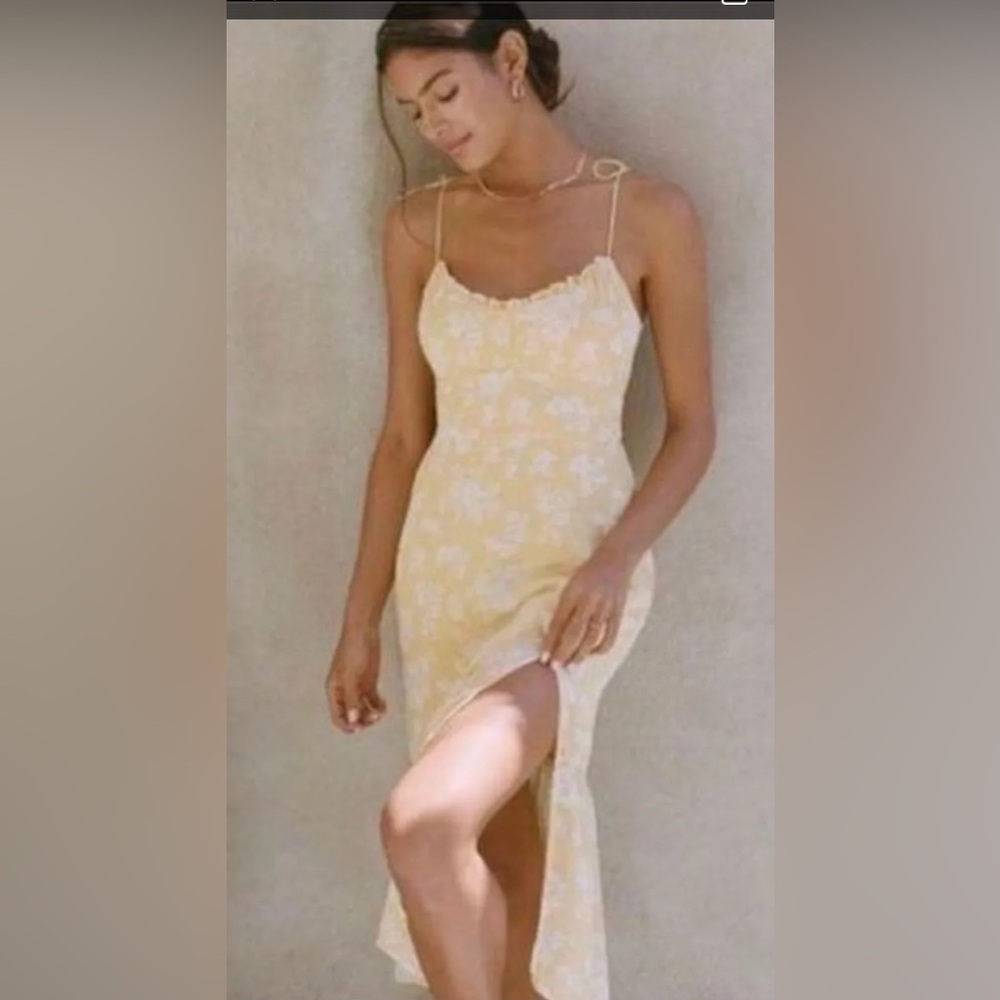 NWT Abercrombie & Fitch Tie-Strap Ruched Midi Dress - Yellow - S - Picture 2 of 8